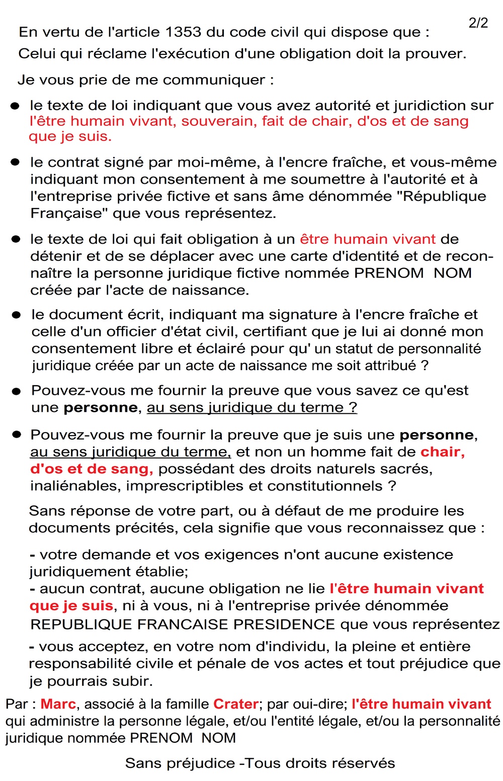 verso questionnaire clef pour demontrer que je ne suis pas une personne au sens juridique du terme