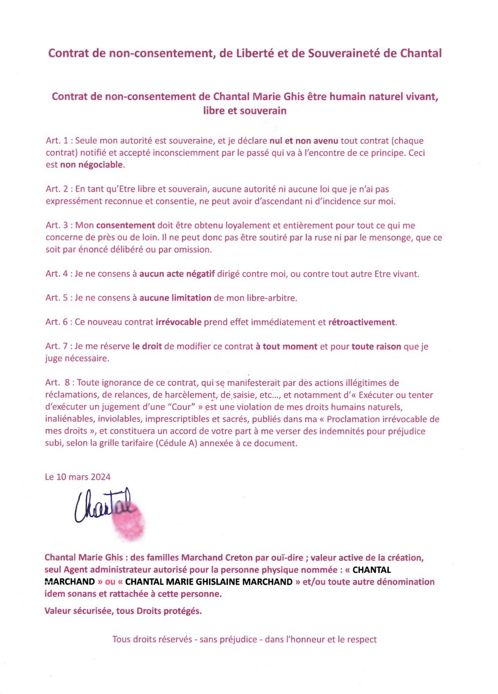 contrat de non consentement chantal