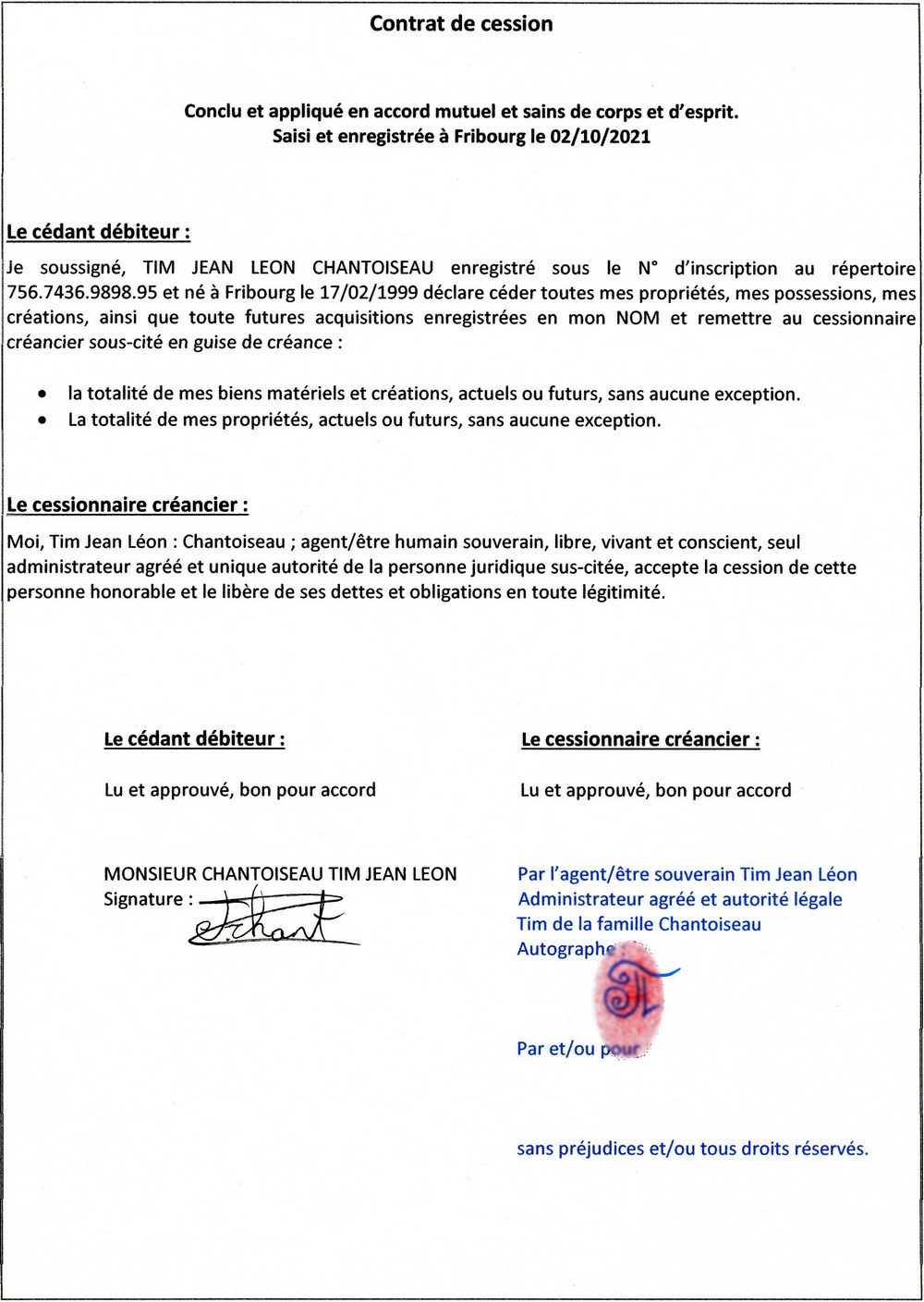 Contrat de cession Tim Jean Léon