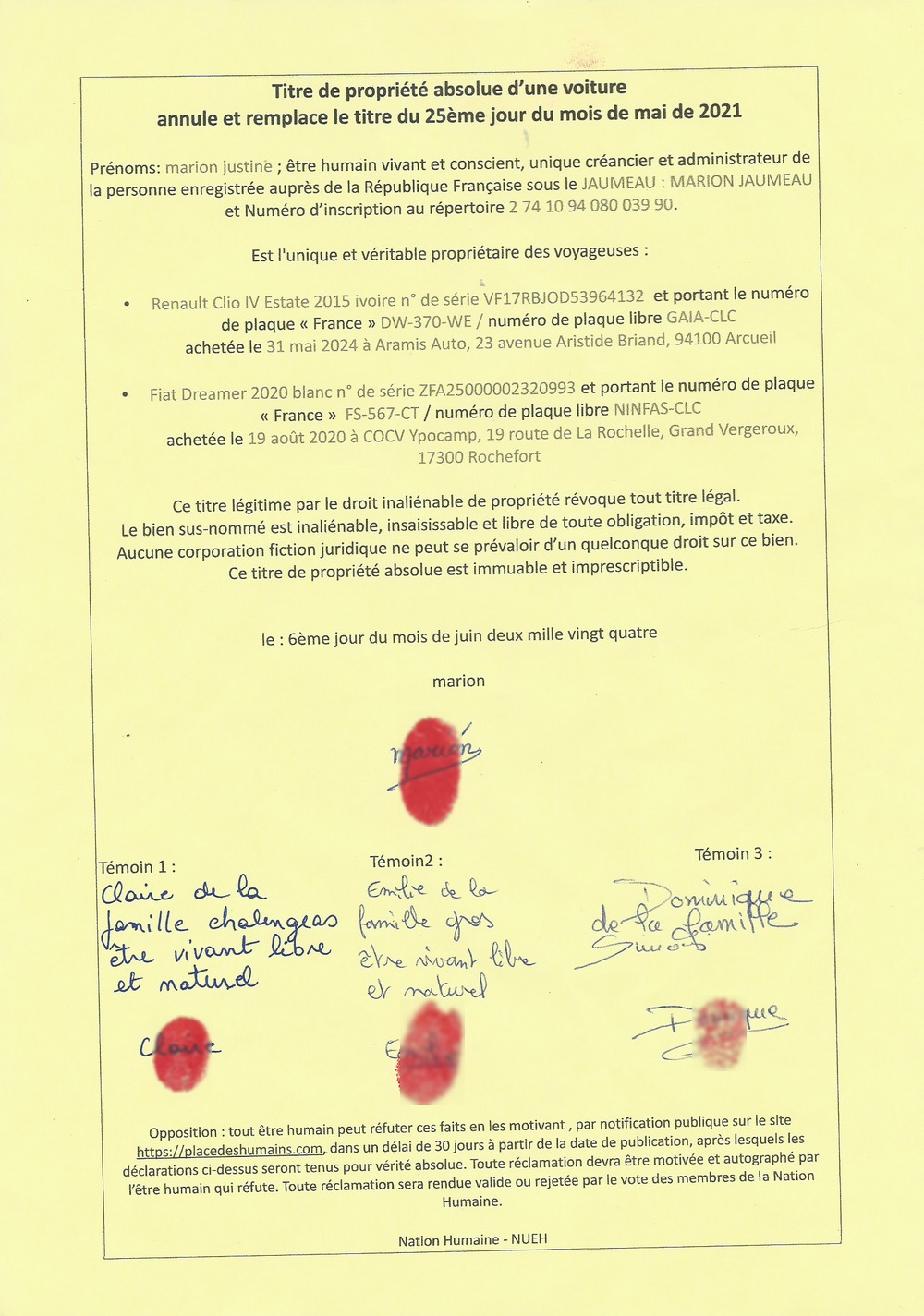 Titre de propriété absolue des voyageuses de marion justine