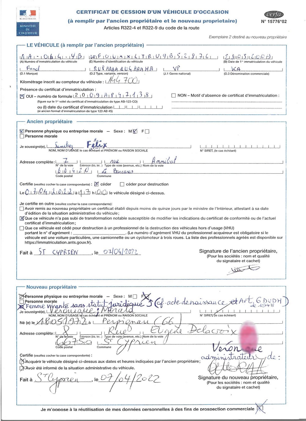 20220407 certificat de cession ford ka administrateur de personne physique