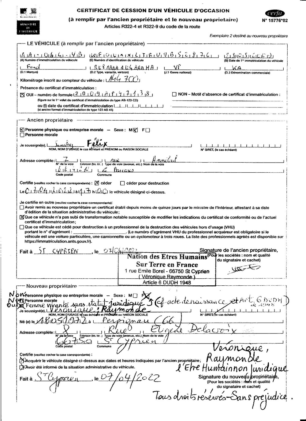 20220407 certificat de cession ford ka nb autographe
