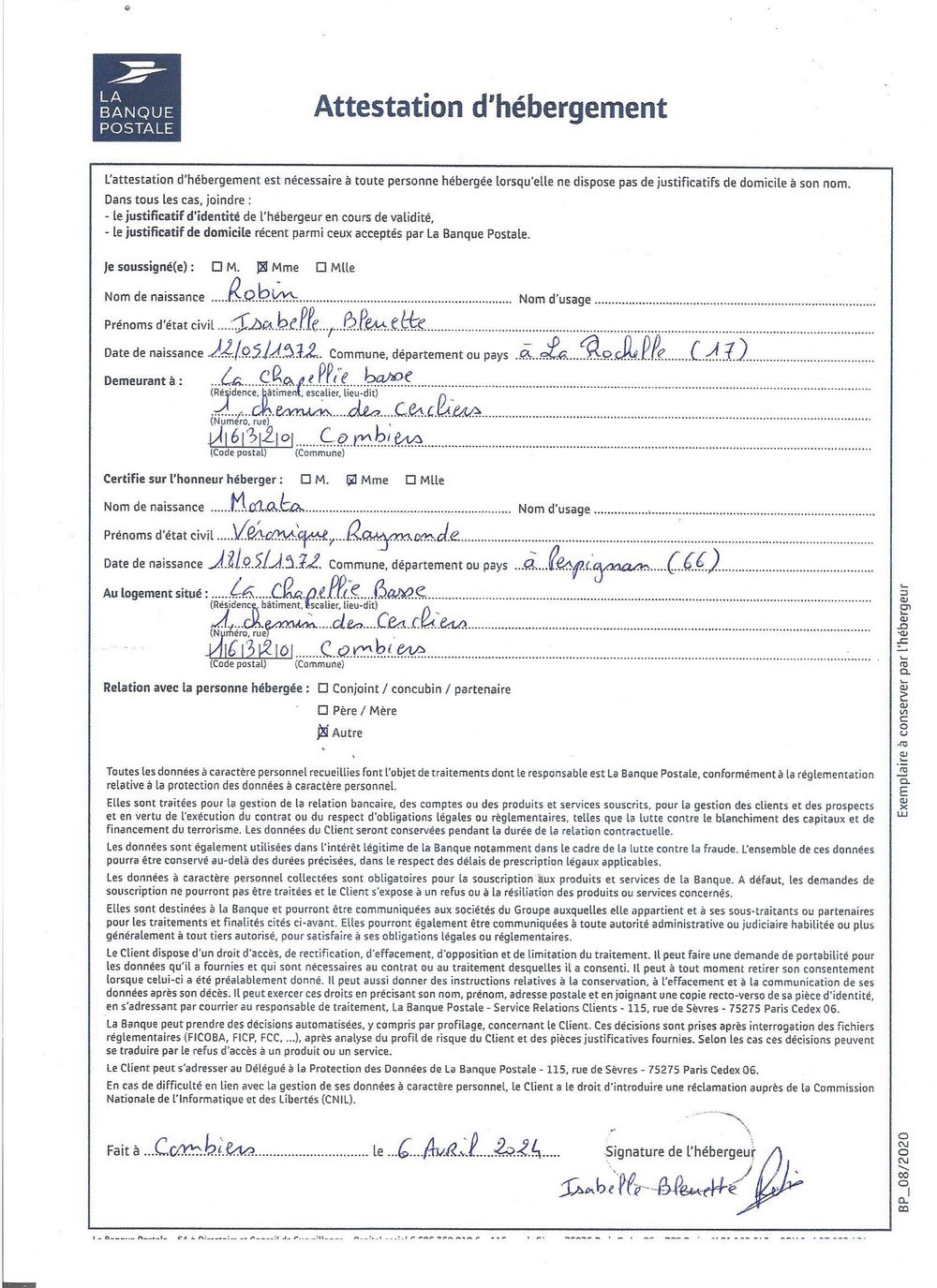 20240406 attestation dhbergement par isabelle chez isabelle 1