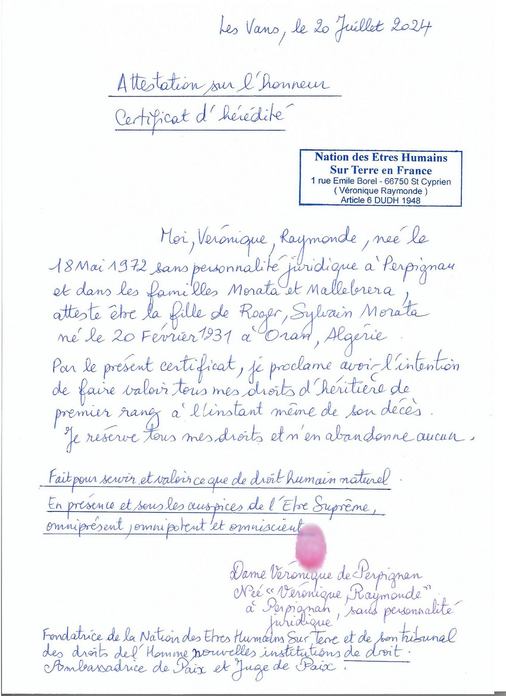 20240720 certificat d heredite de veronique raymonde vis vis de son pere