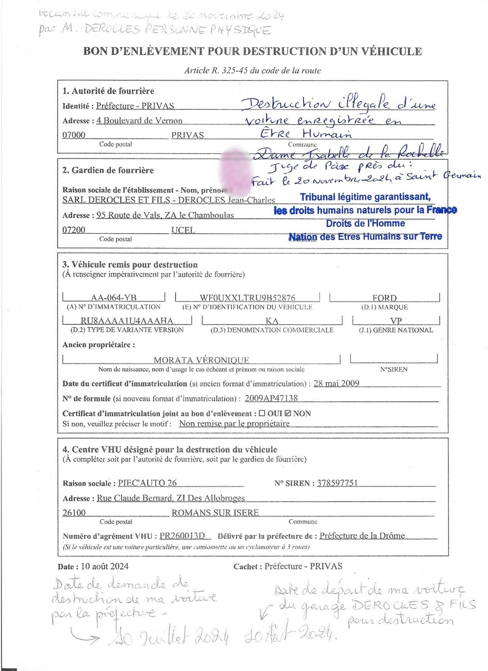 20240810 bon denlvement pour destruction dun vehicule