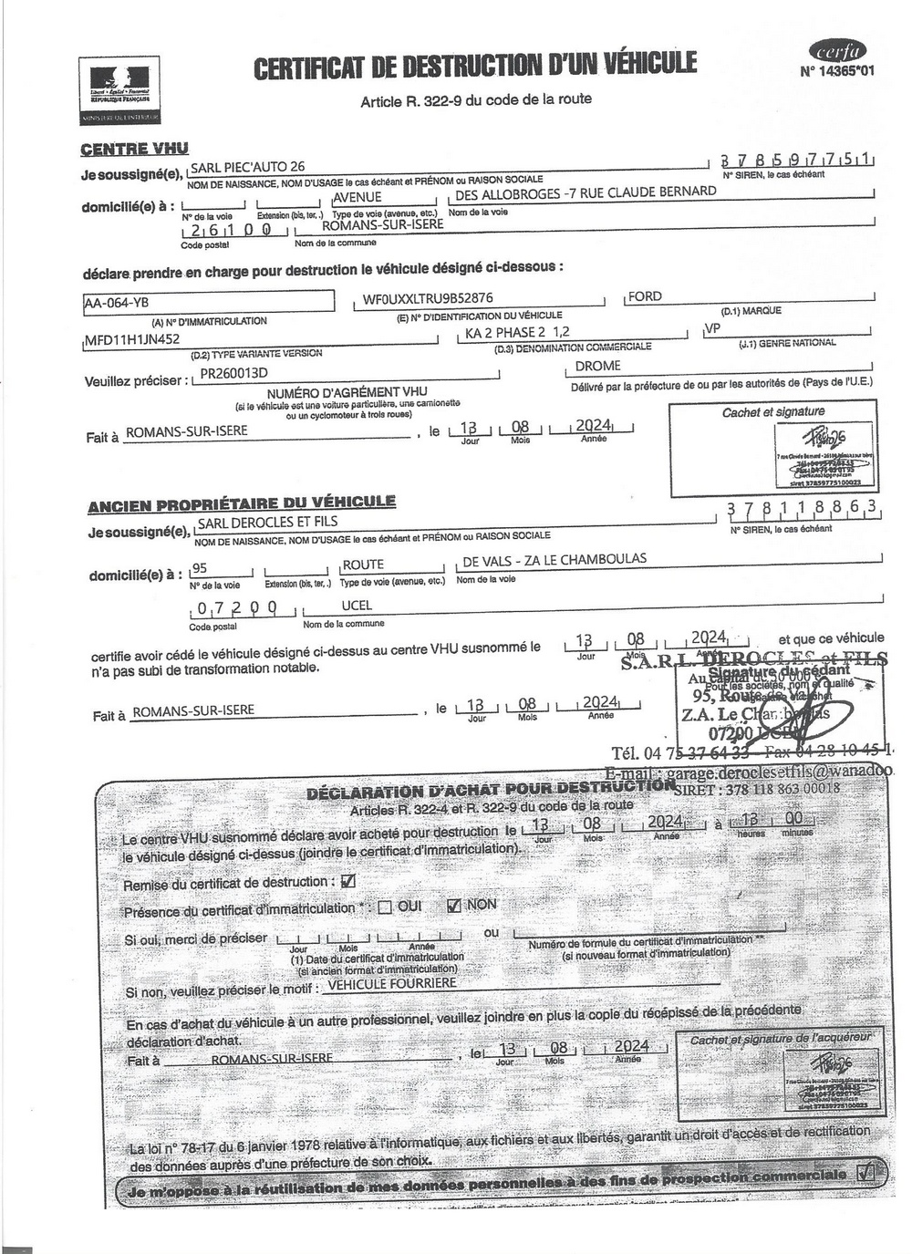 20240813 prise en charge pour destruction ka