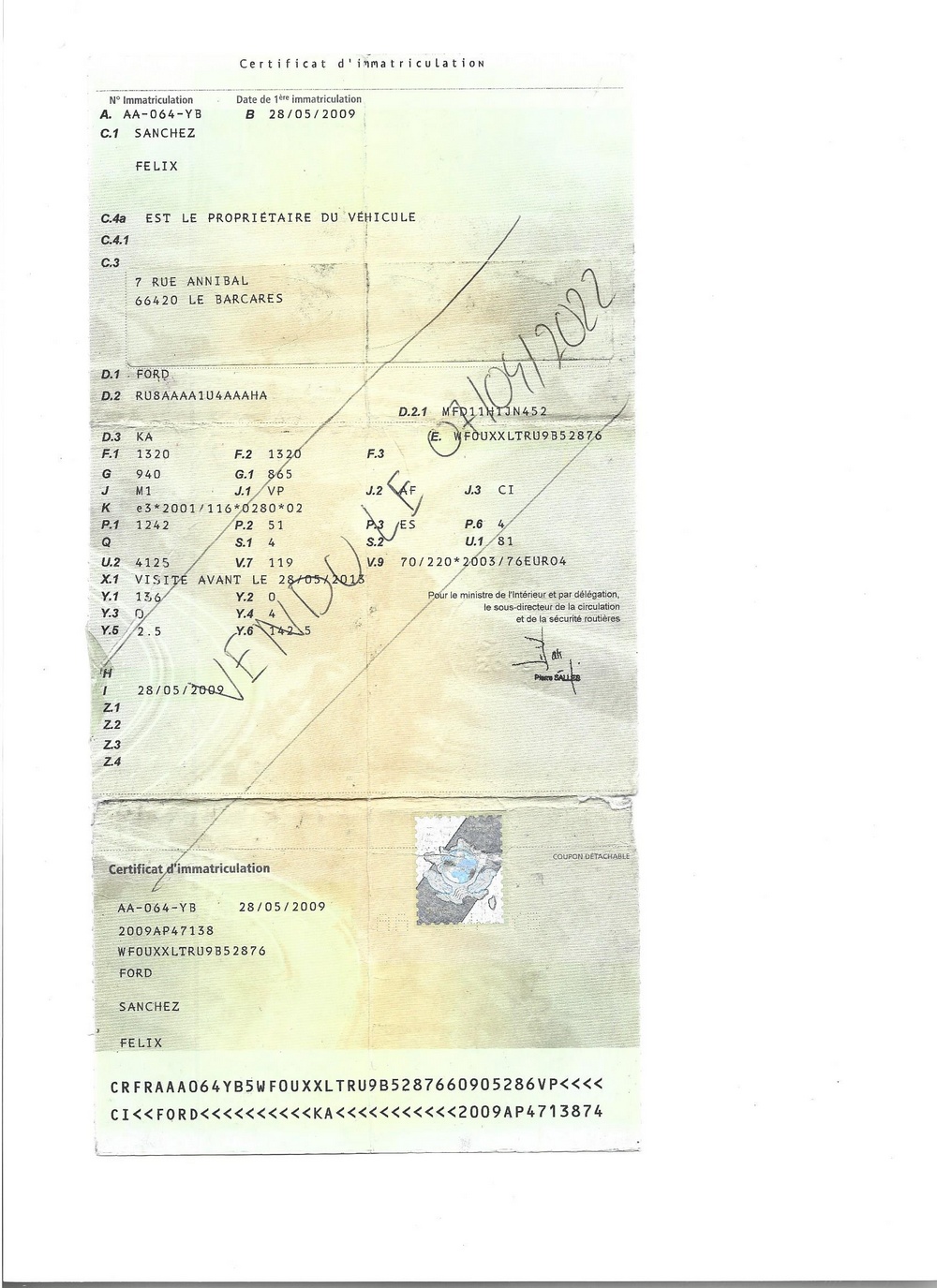 recto carte grise barre ford ka 1