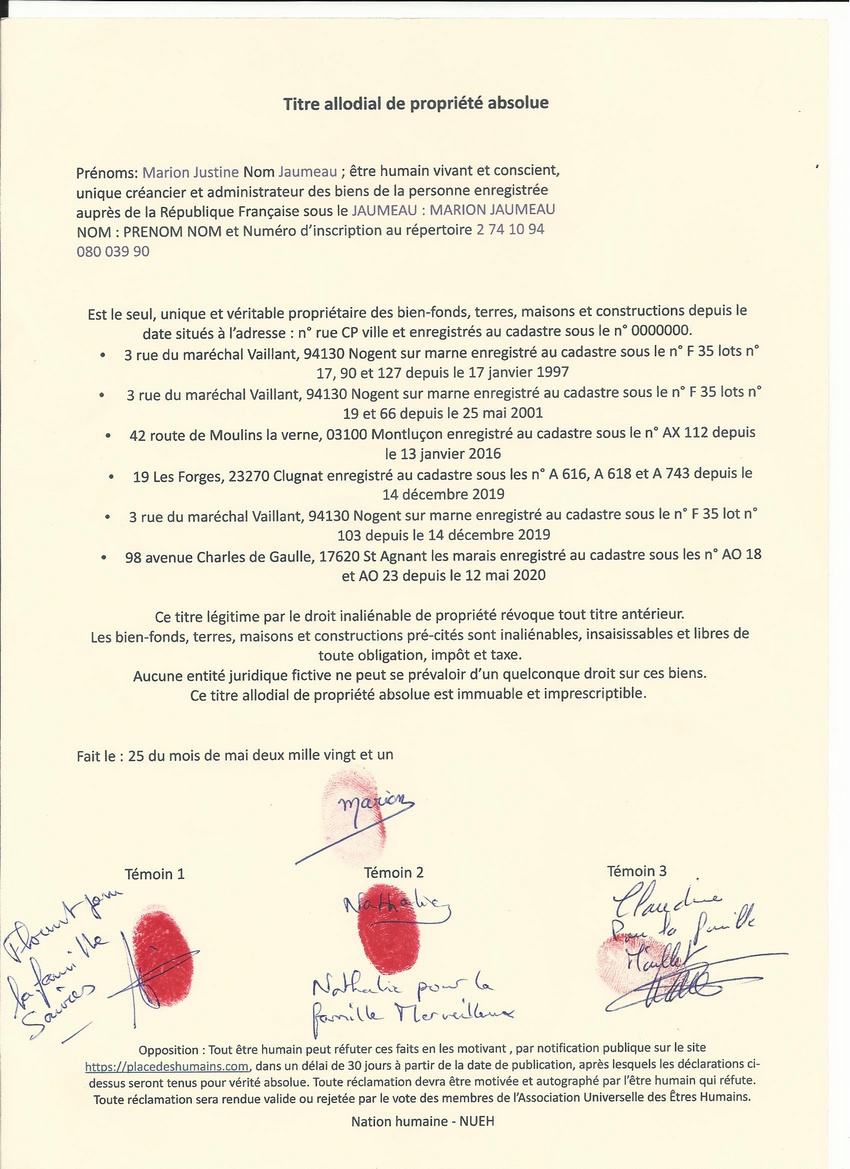 titre allodial de proprit absolue Marion Justine Jaumeau